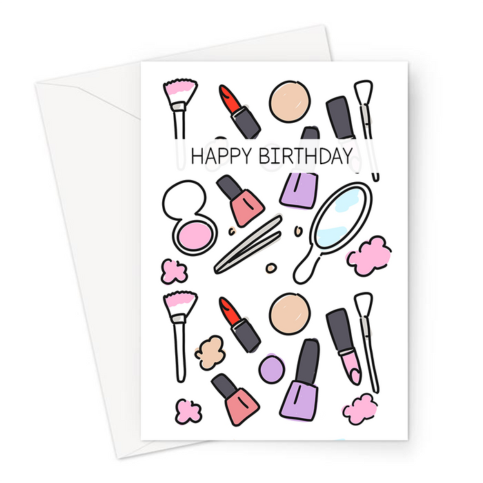 Happy Birthday Beauty Print Greeting Card | Beauty Print Birthday Card For Make Up Artist, Blush, Lipstick, Nail Varnish, Tweezers, Brushes, Mirror