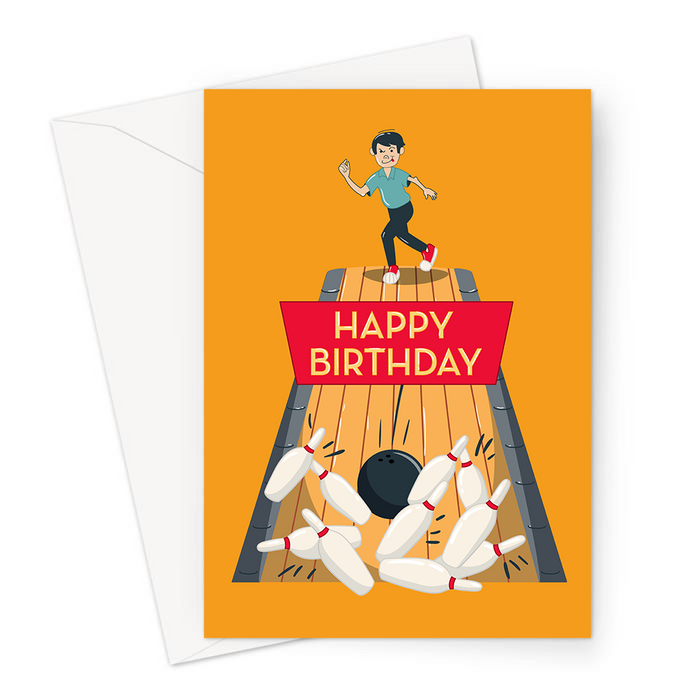 Happy Birthday Bowling Greeting Card | Happy Birthday Card For Bowler, Bowler Knocking Down All Pins, Strike, Bowling Lane, Spare, Split, Bowling Ball