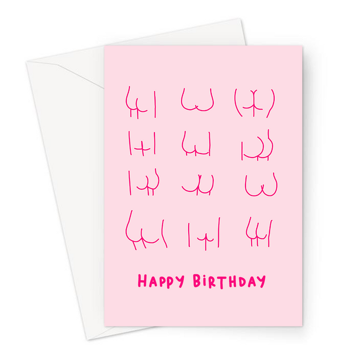 Happy Birthday Bums Illustration Pink Greeting Card | Bottoms In Different Shapes And Sizes Print Birthday Card, Abstract Nude, LGBTQ+