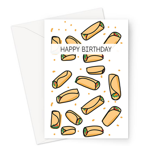Happy Birthday Burrito Print Greeting Card | Burritos Pattern Birthday Card, Mexican Food, Burrito Illustration, Breakfast Burrito, Veggie Burrito 