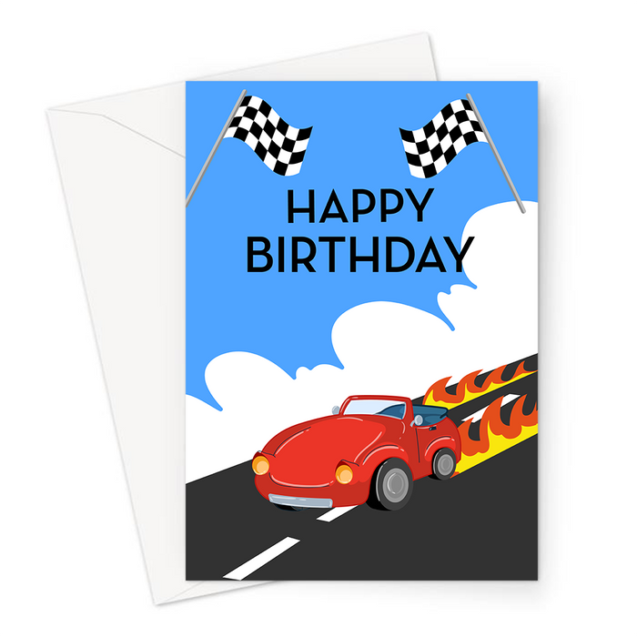 Happy Birthday Cars Greeting Card | Happy Birthday Card For Car Enthusiast, Petrol Head, Formula One, Kit Car, Racing Car, Car DRiving With Flames