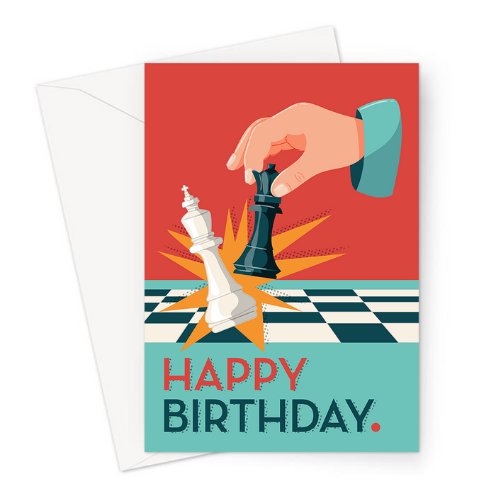 Happy Birthday Chess Greeting Card | Happy Birthday Card For Chess Player, Board Game, Player Knocking Over Queen With King, Check Mate, Chess Board