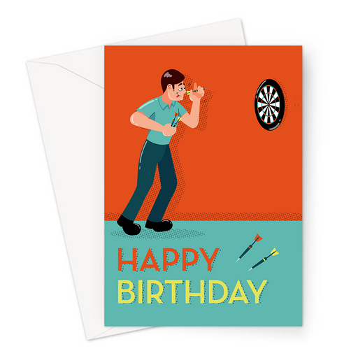 Happy Birthday Darts Greeting Card | Happy Birthday Card For Darts Player, Bullseye, Man Playing Darts, WDF, 180, Pub Games, Pub Sports
