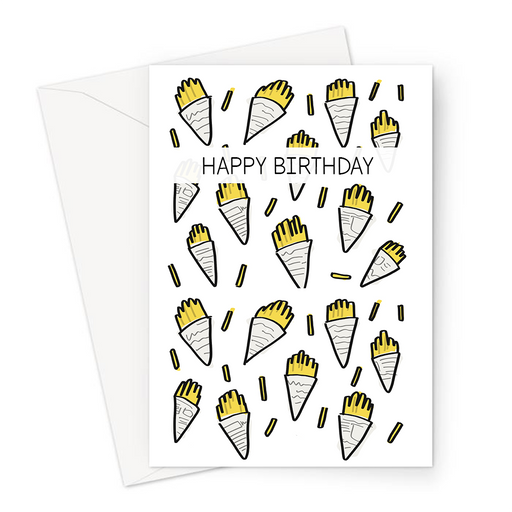 Happy Birthday Fish And Chips In Newspaper Print Greeting Card | Chips Wrapped Up In Newspaper Illustration Birthday Card, Chippy