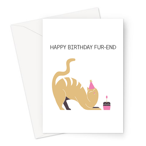 Happy Birthday Fur-end Greeting Card | Funny, Cute, Cat Pun Birthday Card For Friend, Cat In A Party Hat With Birthday Cake, Kitten