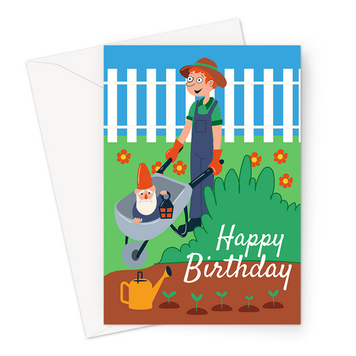 Happy Birthday Gardening Greeting Card | Happy Birthday Card For Gardener, Gardener Pushing Wheelbarrow With Gnome, Watering Can, Flowers, Seedlings