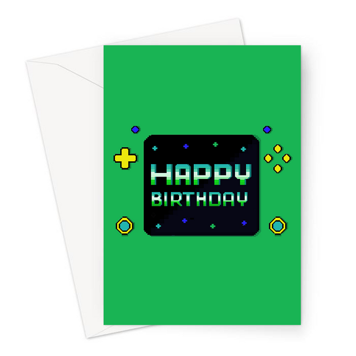 Happy Birthday Green Console Greeting Card | Pixel Design Gaming Console Birthday Card For Gamer, Him, Gaming Obsessed