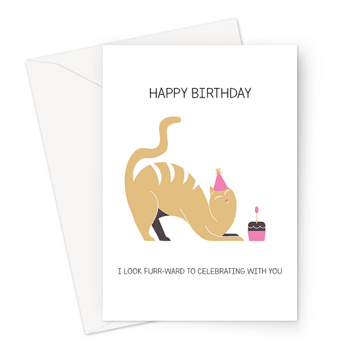 Happy Birthday I Look Furr-ward To Celebrating With You Greeting Card | Funny Cat Pun Birthday Card For Friend, Cat In A Party Hat With Cake, Kitten