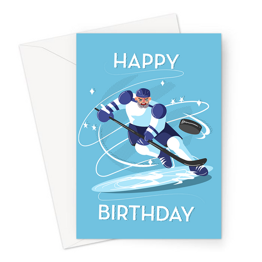 Happy Birthday Ice Hockey Greeting Card | Happy Birthday Card For Ice Hockey Player, Hockey Player On Ice Chasing Puck, IIHF, Hockey Stick