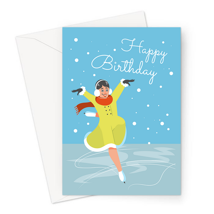 Happy Birthday Ice Skating Greeting Card | Happy Birthday Card For Ice Skater, Skater Gliding On Ice In Coat And Scarf, Ice Skates, Ice Rink
