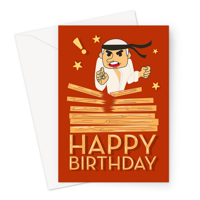 Happy Birthday Martial Arts Greeting Card | Happy Birthday Card For Martial Arts Fighter, Man Karate Chopping Wood, Jujitsu, Taekwondo, Boxing, MMA
