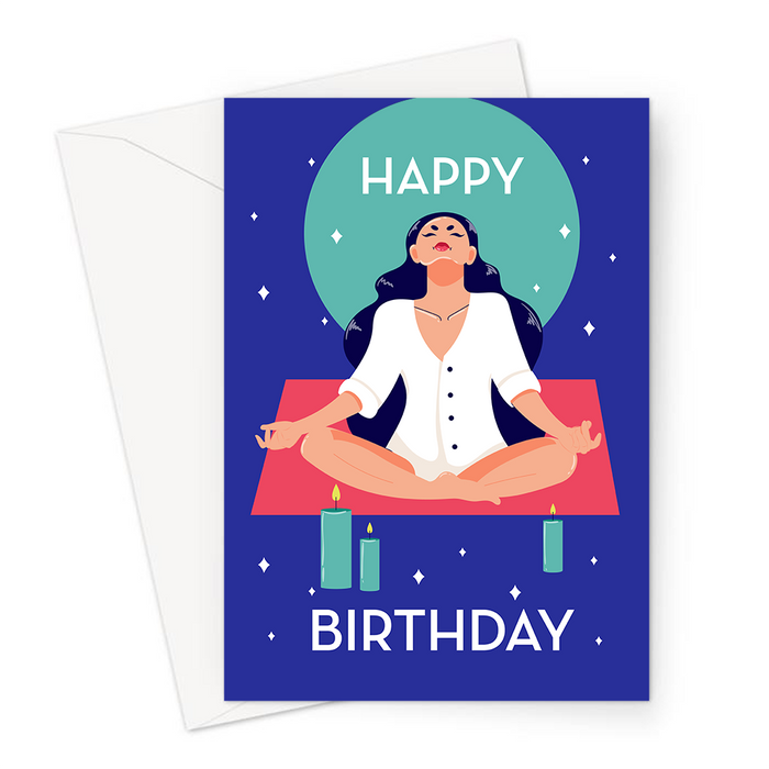Happy Birthday Meditation Greeting Card | Happy Birthday Card For Meditator, Women In Lotus Pose Surrounded By Lit Candles, Zen, Namaste