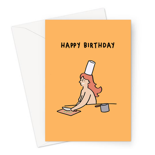 Happy Birthday Naked Woman With Chef Hat Greeting Card | Nude Female Chef Illustration, Funny Birthday Card For Lady Chef, Her, Cooking Birthday Card