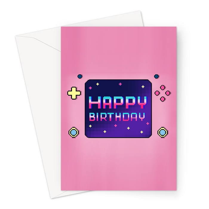 Happy Birthday Pink Console Greeting Card | Pixel Design Gaming Console Birthday Card For Gamer, Her, Gaming Obsessed