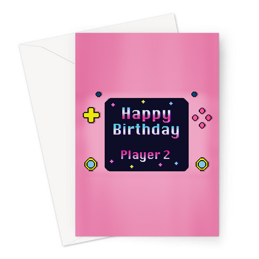 Happy Birthday Player 2 Greeting Card | Pixel Design Gaming Console Birthday Card In Pink For Gamer, Her, Gaming Obsessed, Gaming Couple, Girlfriend, Wife