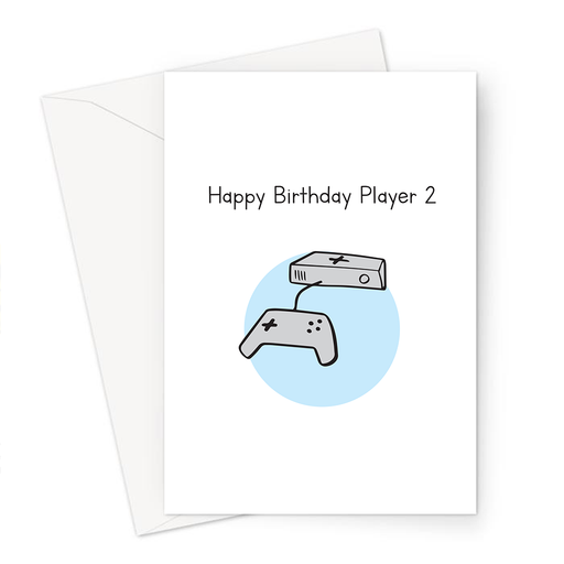Happy Birthday Player 2 Greeting Card | Birthday Card For Gamer, Boyfriend, Girlfriend, Husband, Wife, Gaming Obsessed, Games Console Doodle