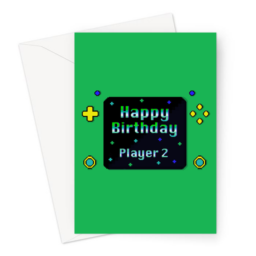 Happy Birthday Player 2 Greeting Card | Pixel Design Gaming Console Birthday Card In Green For Gamer, Him, Gaming Obsessed, Gaming Couple, Boyfriend, Husband