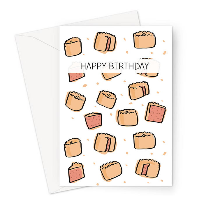 Happy Birthday Pork Pie Print Greeting Card | Pork Pie Illustration Birthday Card, Full Pork Pie, Pork Pie Slice, British Food, Pastry, Picnic Food