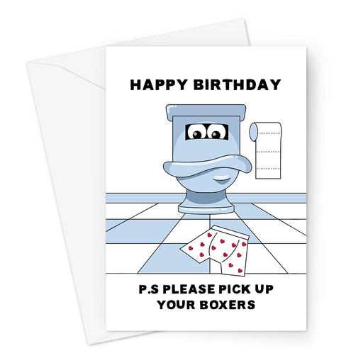 Happy Birthday P.S Please Pick Up Your Boxers Greeting Card | Funny, Birthday Card For Husband, Boyfriend, Son, Him, Pair Of Boxers On Bathroom Floor