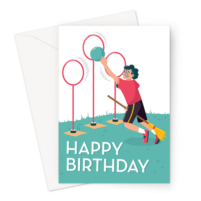 Happy Birthday Quidditch Greeting Card | Happy Birthday Card For Harry Potter Fan, Quidditch Player Shooting Quaffle Through Hoop, Broomstick