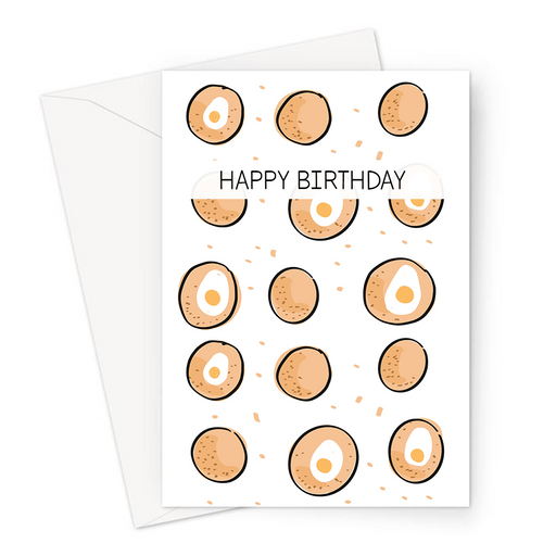 Happy Birthday Scotch Egg Print Greeting Card | Scotch Egg Illustration Birthday Card, Scotch Eggs, British Food, Pastry, Picnic Food