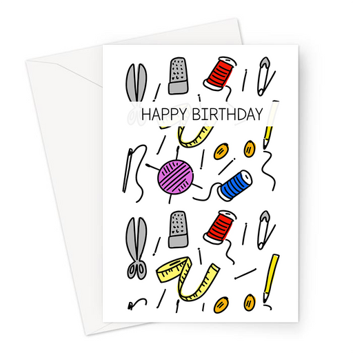 Happy Birthday Sewing Print Greeting Card | Sewing Print Birthday Card For Seamstress, Scissors, Thimble, Needle, Thread, Measuring Tape, Safety Pin