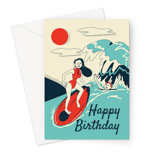 Happy Birthday Surfing Greeting Card | Happy Birthday Card For Surfer, Woman Surfing With Guy Drowning, Riding The Wave, Barelling Wave