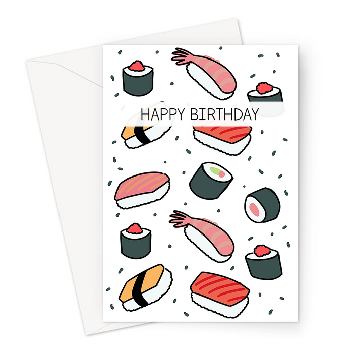Happy Birthday Sushi Print Greeting Card | Different Sushi Bites Print Birthday Card, Salmon, Prawn, California Roll, Nigiri, Sashimi, Maki, Tuna Roll