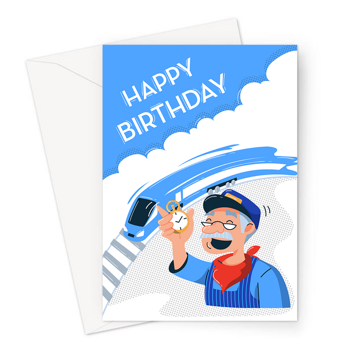 Happy Birthday Trains Greeting Card | Happy Birthday Card For Trainspotter, Model Railway Maker, Man With Stopwatch With Train Going Past, Conducter