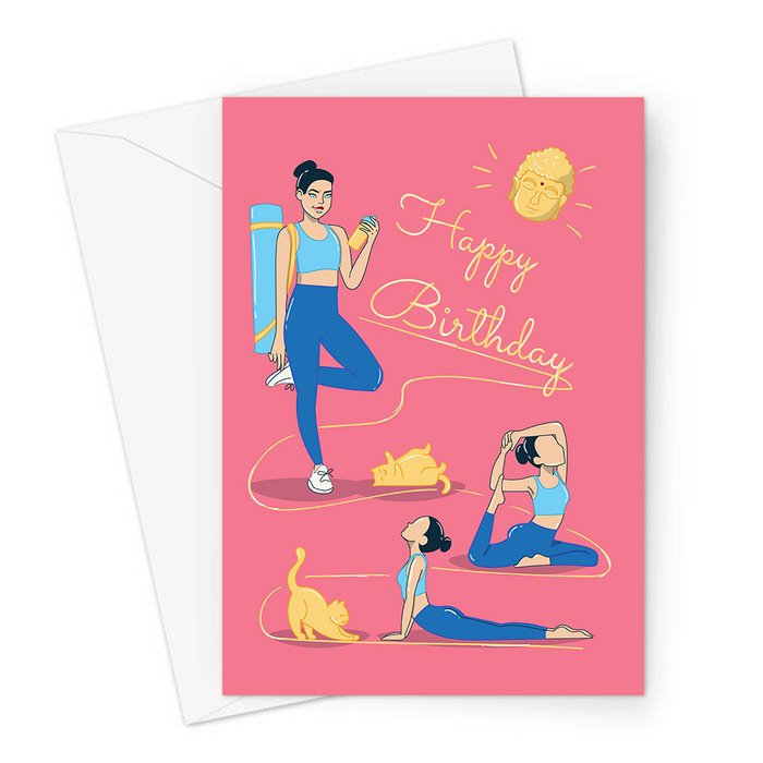 Happy Birthday Yoga Greeting Card | Happy Birthday Card For Yogi, Girl With Yoga Mat, Yoga Poses, Upward Facing Dog, One Legged Pigeon Pose