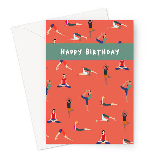 Happy Birthday Yoga Poses Greeting Card | Birthday Card For Yogi, Lotus Pose, Cobra Pose, Downward Facing Dog, Tree Pose, Namaste