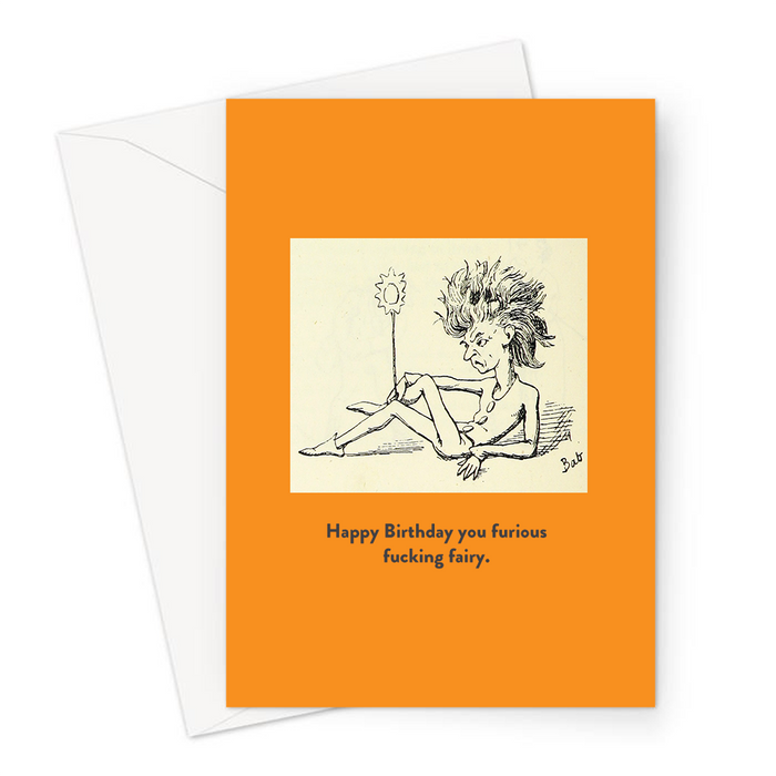 Happy Birthday You Furious Fucking Fairy. Greeting Card | Funny Vintage Birthday Card For Camp, Gay Man, Angry Looking Pixie With Wand, LGBTQ+