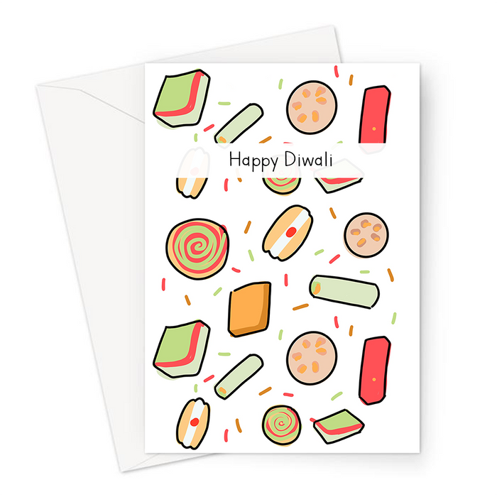 Happy Diwali Greeting Card | Different Diwali Sweets Card, Festival Of Lights, Diwali Sweets Print, Gulab Jamun, Laddu, Barfi, Jalebi, Burfi