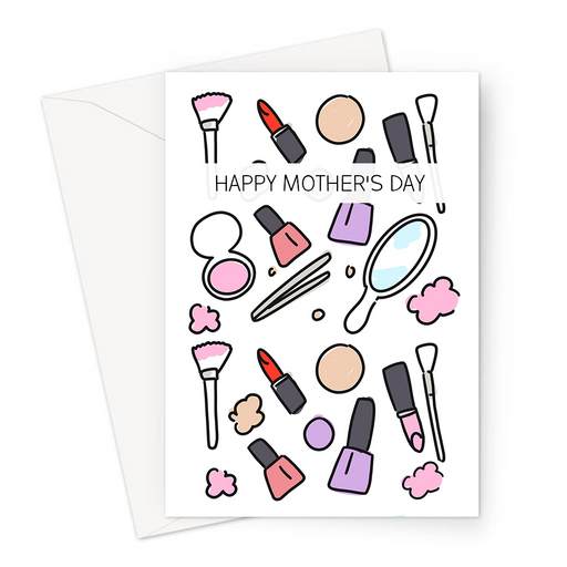 Happy Mother's Day Beauty Print Greeting Card | Beauty Print Mother's Day Card For Mum, Blush, Lipstick, Nail Varnish, Tweezers, Brushes, Mirror