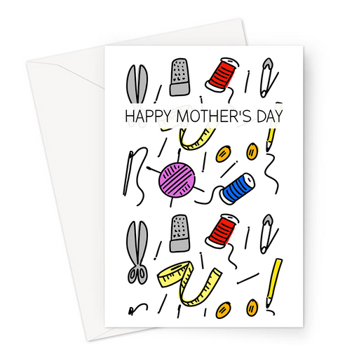 Happy Mother's Day Sewing Print Greeting Card | Sewing Print Mother's Day Card For Mum, Scissors, Thimble, Needle, Thread, Measuring Tape, Safety Pin