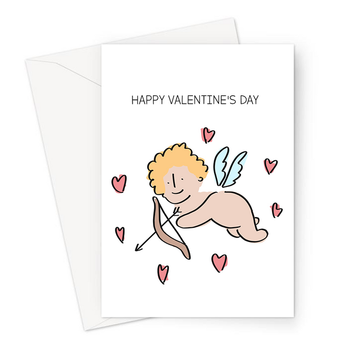 Happy Valentine's Day Greeting Card | Cupid Illustration Valentines Card, Baby Cupid With Bow And Arrow, For Partner, Love Hearts