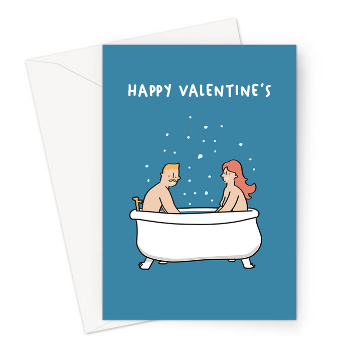 Happy Valentine's Naked Couple In A Bubble Bath Greeting Card | Funny Valentine's Card For Couple, For Her, For Him, Nude Couple Sharing A Bath