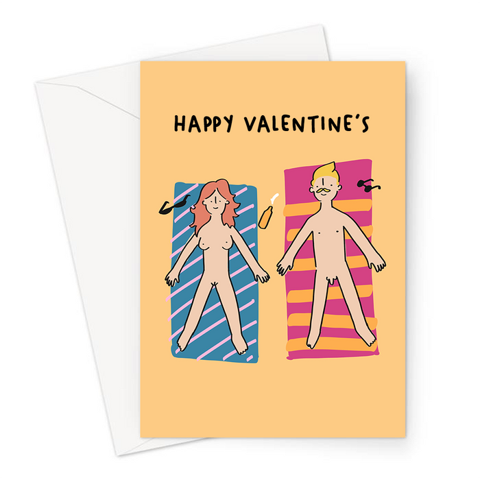 Happy Valentine's Naked Couple Sunbathing Greeting Card | Funny Valentine's Card Card For Nudist Couple, For Her, For Him, Nude Couple On A Beach Card