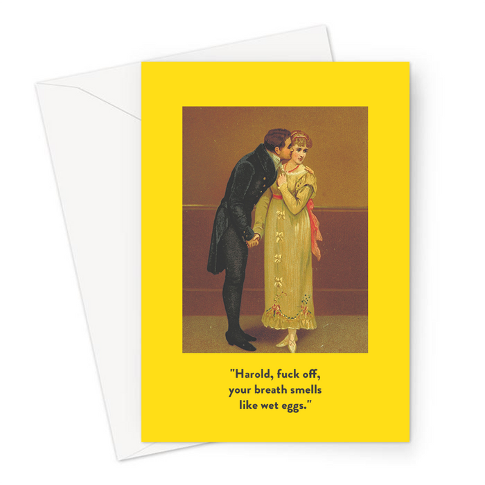 "Harold, Fuck Off, Your Breath Smells Like Wet Eggs." Greeting Card | Funny Vintage Valentine's Card, Man Trying To Kiss Lady, Joke Anniversary Card