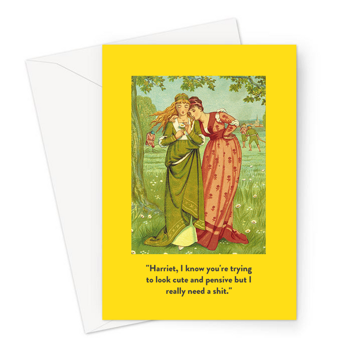 "Harriet, I Know You're Trying To Look Cute And Pensive But I Really Need A Shit." Greeting Card | Funny Vintage Friendship Card For Friend