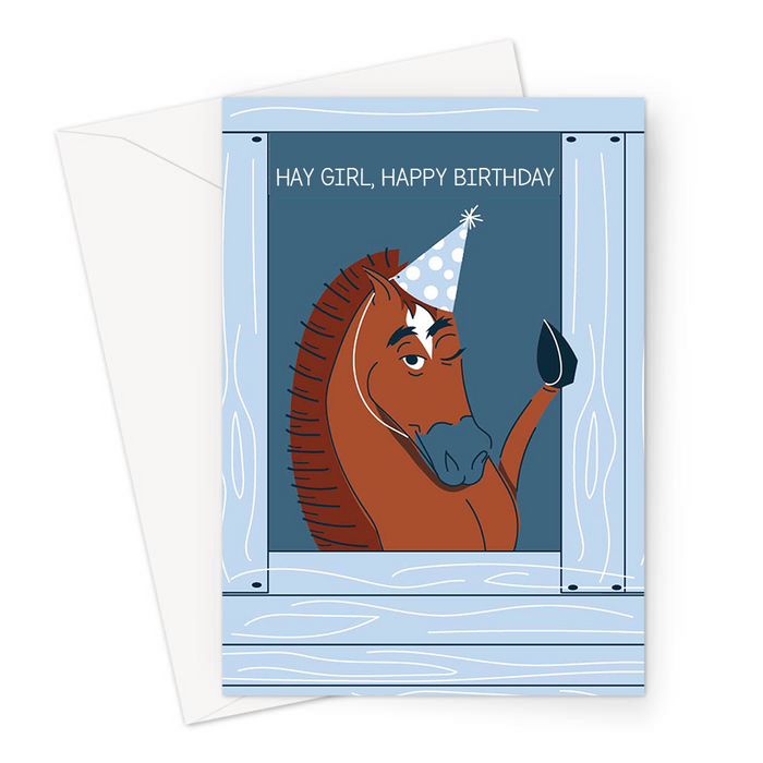 Hay Girl, Happy Birthday Greeting Card | Funny Horse Pun Birthday Card, Flirty Horse In A Party Hat, Pony, Equestrian Birthday Card
