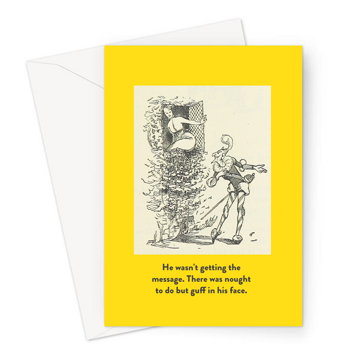 He Wasn't Getting The Message. There Was Nought To Do But Guff In His Face. Greeting Card | Funny Fart Joke Vintage Card, Woman With Bum Out Of Window