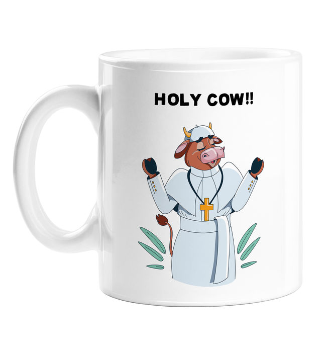 Holy Cow!! Mug | Funny Cow Dressed As The Pope Coffee Mug, Religion Jokes, Christianity, Catholicism Pun, Farmyard Animal