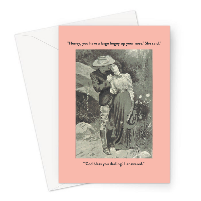 'Honey, You Have A Large Bogey Up Your Nose.' She Said. 'God Bless You Darling.' I Answered. Greeting Card | Vintage Joke Valentine's Card, Anniversary, Couple Kissing
