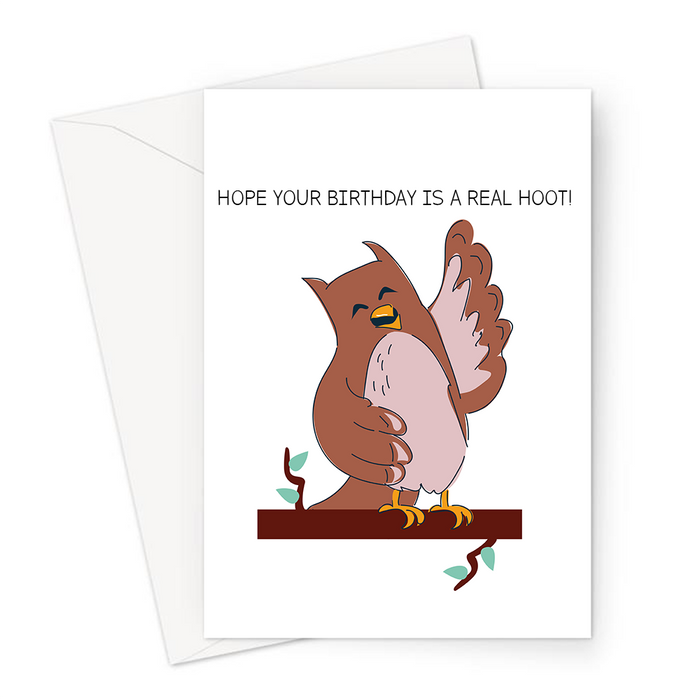 Hope Your Birthday Is A Real Hoot! Greeting Card | Funny Owl Pun Birthday Card, Happy Owl Waving On A Branch