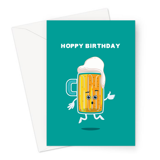 Hoppy Birthday Greeting Card | Funny Beer Pun Happy Birthday Card For Beer Drinker, Overflowing Pint Of Beer Jumping