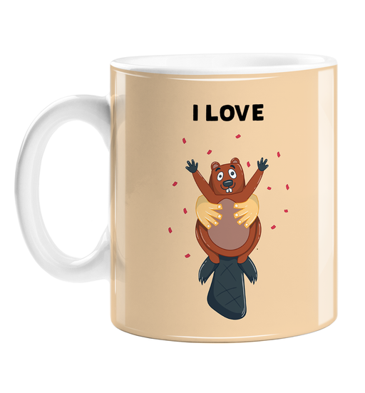 I Love Beaver Mug | Funny Beaver Pun Coffee Mug For Him, Lesbian, LGBTQ, Innuendo, Hand Holding Out A Beaver