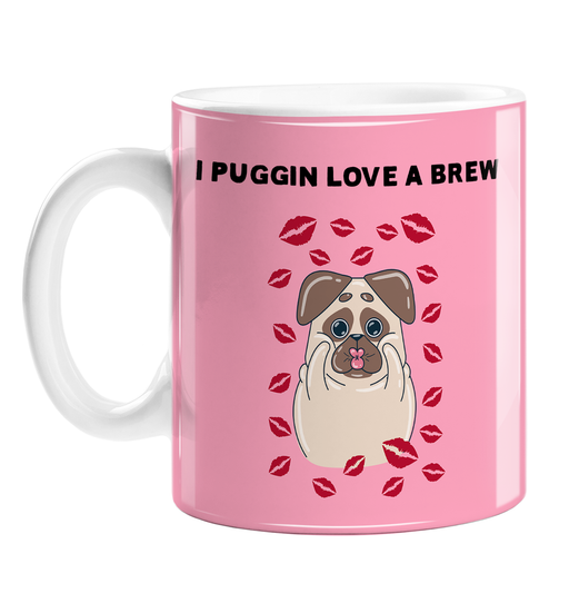I Puggin Love A Brew Mug | Funny Dog Pun Coffee Mug For Dog Owner, Pug Surrounded by Kisses, Fucking Love A Brew, Cup Of Tea, Coffee