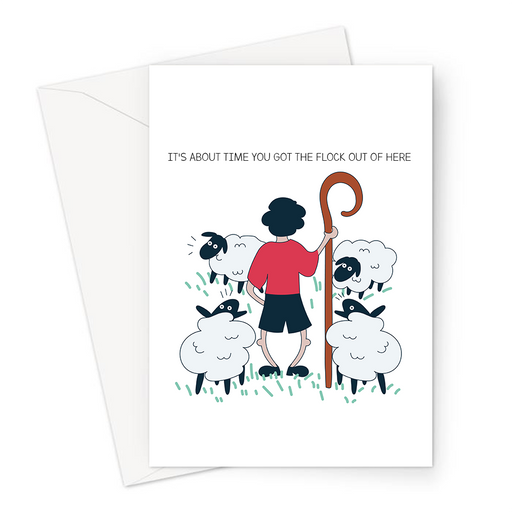 It's About Time You Got The Flock Out Of Here Greeting Card | Shepherd Pun You're Leaving Card, Going Away Travelling, Good Bye, Flock Of Sheep