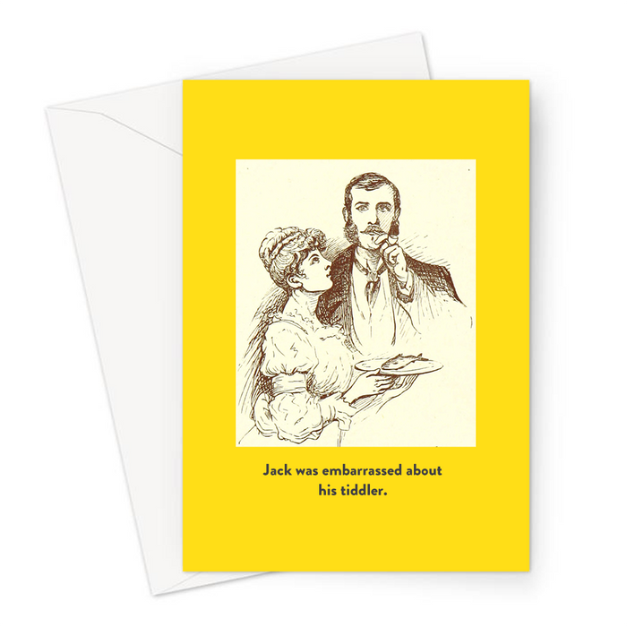 Jack Was Embarrassed About His Tiddler. Greeting Card | Funny Vintage Joke Card For Him, Man and Woman With Small Fish On A Plate, Small Penis Joke,